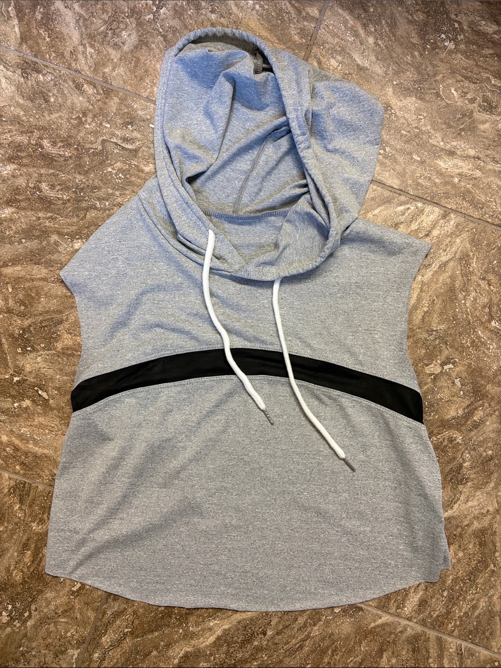 Women's Gray Sleeveless Hooded cropped Tank with Black Stripe